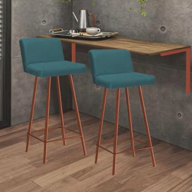 Imagem de Kit Mesa Suspensa de Parede Fixa mdf Caramelo + 2 Banquetas Lexi Ferro Bronze Suede Azul Turquesa - Ahazzo Móveis