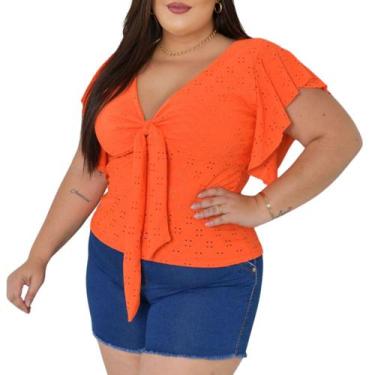 Imagem de Blusa Plus Size Feminina Gola V Amarração Manga Laise Renda de Malha -