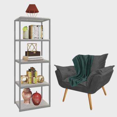 Imagem de Kit Poltrona Fatte com Manta Soft Verde e Estante Livreiro Ferro Cinza mdf Marmorizado Cinza Suede Cinza - Ahz Móveis