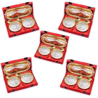 Imagem de IGH Conjunto de 1 bandeja de colher de tigela antiga banhada a prata dourada com caixa de veludo vermelho frutas secas conjunto de tigela de servir sobremesa