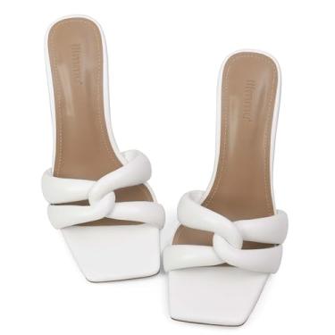 Imagem de iiimmu Salto Mule Heels 10 cm stiletto com bico quadrado sandálias entrelaçadas em forma de tiras, Branco - Couro sintético, 38