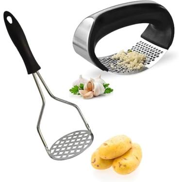 Imagem de Kit Amassador de Batata e Amassador de Alho Manual – Aço Inoxidável com Alça Ergonômica – Cor Preta