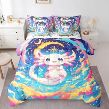 Imagem de Feelyou Jogo de cama infantil fofo Axolotl com estampa de 7 peças, galáxia, planeta, espaço, para meninos e meninas, com estampa de salamandra e adolescentes, 7 peças