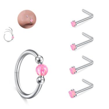Imagem de JFORYOU Conjunto de anéis de nariz 18G para mulheres, aço inoxidável, hipoalergênico, 1,5 mm, 2,5 mm, 2,5 mm, 3 mm e opala articulada, segmento clicker, argolas de nariz, argolas, cartilagem de hélice
