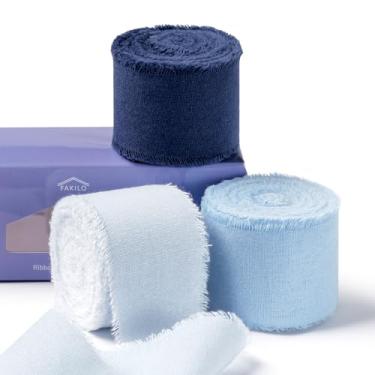 Imagem de FAKILO Fita de algodão rústico natural com borda desgastada, fita 100% algodão 3,8 cm x 18 m para buquês de casamento vintage, convites, chá de bebê, embrulho de presente, artesanato DIY (azul-claro