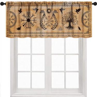 Imagem de Norse Vikings Valance para janela, árvore de totem runa antiga mitologia nórdica vintage marrom místico geométrico nórdico tratamento de janela para cozinha, quarto, sala de estar, banheiro, 1 peça