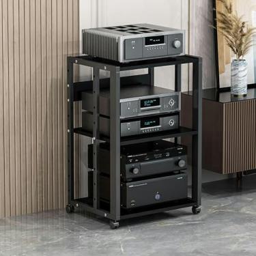 Imagem de LGEOELIAS Suporte de mídia móvel de 3 camadas, suporte de áudio/vídeo, leitor de CD, gabinete de armazenamento de componentes estéreo com prateleira de madeira ajustável em altura para casa/escritório