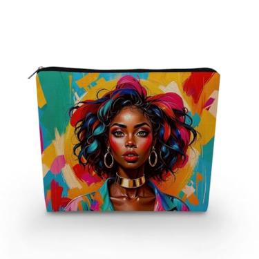 Imagem de YULUENZE Bolsa organizadora de lona pequena para mulheres afro-americanas, com zíper, pintura colorida, bolsa cosmética, presente de aniversário estético, para mulheres, irmãs, amigas, asnj0874, Samll
