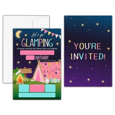 Imagem de KFNER Convites de aniversário de acampamento, Let's Go Glamping Cartão de convite de festa de aniversário menino menina, lembrancinhas de festa do pijama e suprimentos de celebração (conjunto de 20