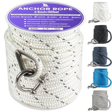 Imagem de VEITHI Corda de âncora 30,5 m x 3/20.3 cm, corda de âncora trançada dupla corda marítima, corda de âncora de barco com dedal, manilha e tira refletiva, corda de âncora trançada branca para ancoragem