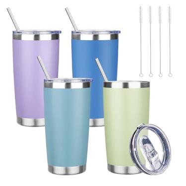 Imagem de YEBTS Life Copo de 590 ml com tampas e canudos, caneca de café de viagem com isolamento de aço inoxidável, copos isolados a vácuo de parede dupla, copo de café revestido em pó para bebidas frias e