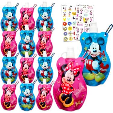 Imagem de Bolsas de água reutilizáveis Mickey e Minnie de 450 ml – Pacote de 12 peças com garrafas de água de 450 ml com tampa superior e adesivos para meninos e meninas | Bolsas de bebidas em massa para festa