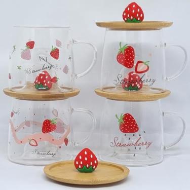 Imagem de Caneca Xícara Vidro Duplo com Pires Tampa Bambu 250 ml (Morango)