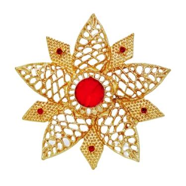 Imagem de Broche decorativo de flor de estrela, dourado com detalhes de cristal vermelho, design de 8 pontas, 4.29" × 2.09", Cristal, Zircônia cúbica