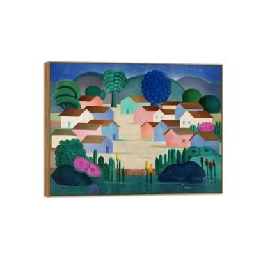 Imagem de Tarsila do Amaral Famosas Impressões em Tela-Imagem arte parede lona-Moldura Madeira Pintura decoração quarto Sala de estar(paisagem com dezesseis casas) 60x80cm