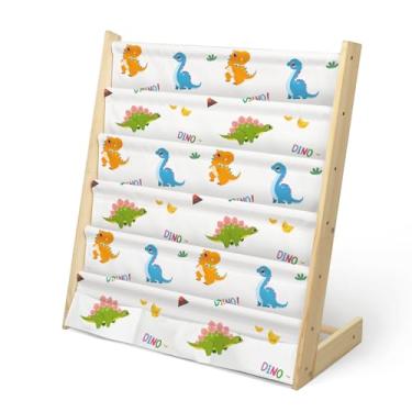 Imagem de wooshwa Estante Infantil Com 5 Níveis, Organizador De Brinquedos E Livros Madeira, 3 Bolsos, Suporte Tipo Estilingue Para Bebês Mangas Profundas Quarto Bebê, Berçário (Dinossauro Fofo)