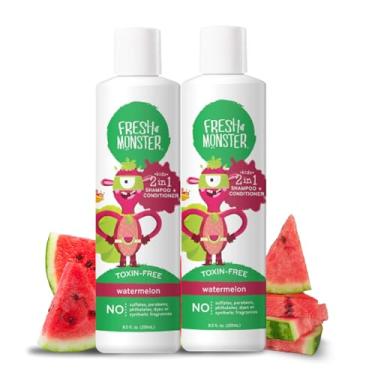 Imagem de Fresh Monster Shampoo e condicionador infantil 2 em 1, livre de toxinas, hipoalergênico, xampu e condicionador sem lágrimas para crianças, melancia (pacote com 2, 241 g/cada)