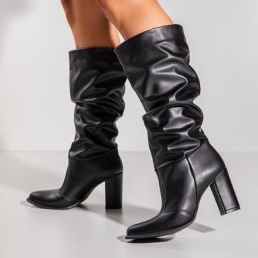 Imagem de Bota Feminina Emily Slouch Franzida Cano Médio Salto Grosso Bico Redon