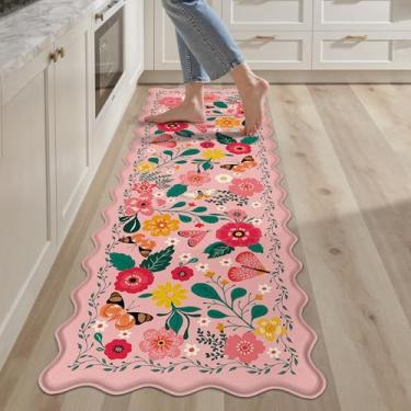 Imagem de Arenarug Tapetes de cozinha rosa recortados para chão, acolchoados, antifadiga, tapetes de cozinha, impermeável, antiderrapante, casa de fazenda, floral, confortável, espuma para lavatória, lavanderia
