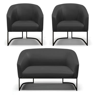 Imagem de Sofá Namoradeira E 2 Poltronas Base Industrial Preto Stella Corino D03 - D'rossi Cor Preto