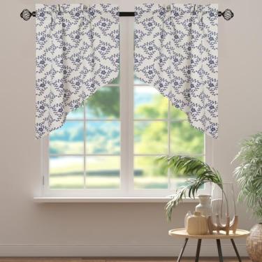 Imagem de Bentrilisa 2 peças de cortinas florais de linho misto swag saia rústica country meia pequena cortina de café azul flor ameixa flor swag cortina de cozinha, 71 x 91 cm