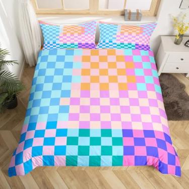Imagem de Conjunto de capa de edredom infantil geométrico xadrez colorido, conjunto de cama de arte de patchwork quadriculado abstrato, decoração de quarto de meninos e meninas, capa de colcha moderna chique
