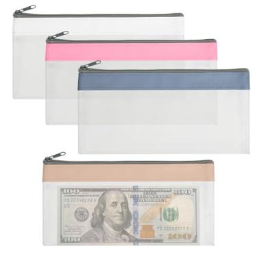 Imagem de Pacote com 4 bolsas multiuso, envelopes de dinheiro com zíper, sacos de dinheiro, bolsa transparente para moedas, depósito, cheques, recibos, passaporte (cor A)