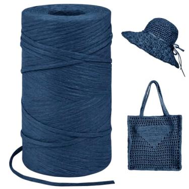 Imagem de LEREATI Fio de ráfia azul escuro para sacos de crochê, fita de ráfia de corda plana de 3 mm x 328 jardas para embrulho de presente, fio de fita de papel de ráfia para chapéu de sol de crochê, bolsa