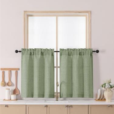 Imagem de Chyhomenyc Cortinas verdes de 76 cm de comprimento, cortinas de janela pequenas texturizadas de linho falso com filtro de luz sobre a pia, cortina curta com bolso de haste de meia janela para armário