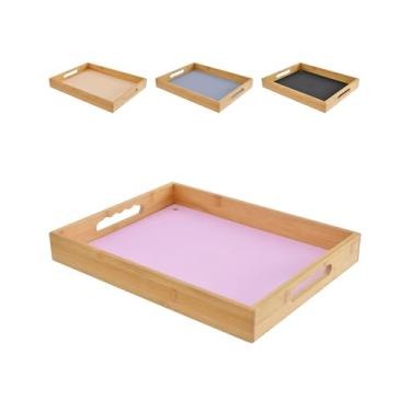 Imagem de Bandeja de servir com alças, bandeja de cama de bambu LYNG com tapete de silicone removível, bandeja de TV para café da manhã, laptop, sofá de jantar ao ar livre