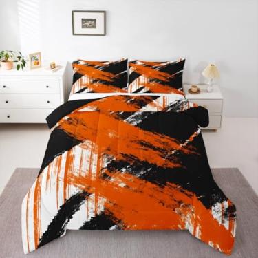 Imagem de jejeloiu Conjunto de edredom de arte abstrata, tamanho Queen, moderno, geométrico, para meninos, meninas, adolescentes, branco, preto, laranja, edredom para decoração de quarto