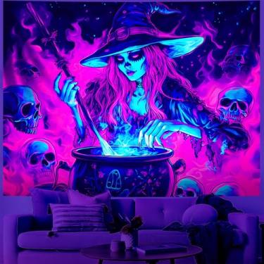 Imagem de BVBOX Tapeçaria de bruxa, luz negra, Halloween, terror, lua, noite, cemitério, assustador, lanterna, abóbora, lanterna, Halloween, tapeçaria para pendurar na parede, crânio, terror, pôster, banners