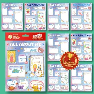 Imagem de EXCOOL CLUB Pôster All About Me para o ensino fundamental - 20 peças de pôster estrela estudante da semana para jardim de infância pré-escolar, material escolar preto e branco essencial para