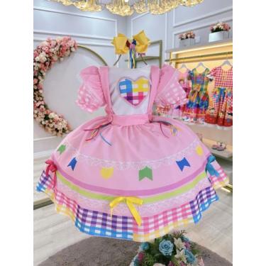 Imagem de Vestido Infantil Junino Caipira Festas Rosa Colorido Luxo - mada vesti