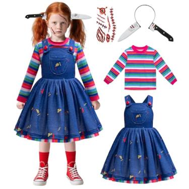 Imagem de GRIVOS Fantasia de assassino de Halloween para meninas, 2 peças, vestido jeans azul, listrado, arco-íris, roupa infantil para cosplay de terror