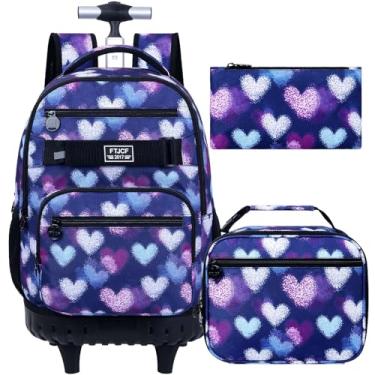 Imagem de HPJGD Mochila com rodinhas para meninas, mochila escolar feminina roxa Love com rodas, rolo resistente à água, conjunto de mochila infantil com lancheira