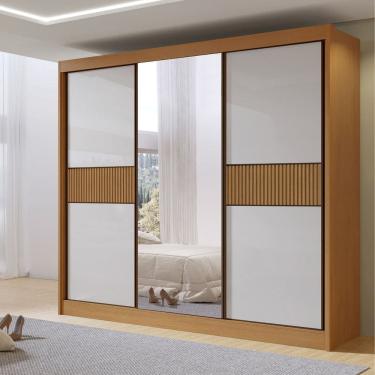 Imagem de Guarda-roupa Casal 3 Portas de Correr com Espelho 100% Mdf Cristal Cinamomo / Off White