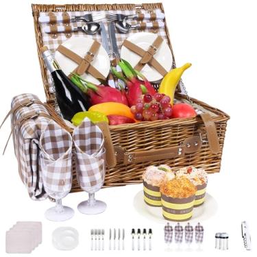 Imagem de Neti Neti Cesta de piquenique de vime para 4 pessoas com refrigerador isolado e cobertor impermeável – Grande cesto de piquenique de salgueiro para atividades ao ar livre, acampamento, praia
