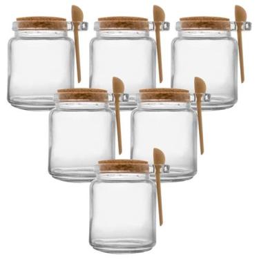 Imagem de Kit 6 Porta Tempero Vidro Colher Bambu tampa de Rolha 240ml - Lyor
