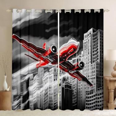 Imagem de Cortina de janela de avião vermelho, cortinas urbanas para decoração de quarto de crianças, meninas, meninos e adolescentes, cortina de tratamento de janela de aeronave voadora moderna, cortinas de