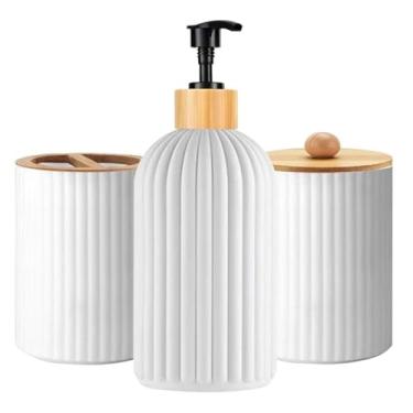 Imagem de Kit Organizador de Lavabo 3 Peças – Porta Sabonete Líquido, Porta Escova e Pote Multiuso com Tampa de Bambu – Branco ou Preto (Branco)