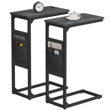 Imagem de TUTOTAK Mesa de canto em forma de C, mesa lateral para sofá, mesa com bolsa de armazenamento, bandeja de TV para sala de estar, quarto, cinza carvão TB01BY0822