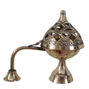Imagem de Suporte de incenso de latão com alça | Queimador Dani tradicional de 10 cm | Suporte de latão feito à mão para Pooja, meditação, templo, decoração de casa e escritório | Acessório espiritual e de