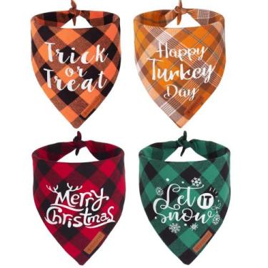 Imagem de Bandana para cães ADOGGYGO Plaid Holiday Halloween e Natal, pacote com