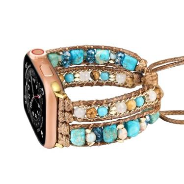 Imagem de Wingoden Pulseira Boho compatível com Apple Watch série 10, 9, 8, 7, 6, 5, 4, 3, 2, 1 e SE, Ultra 2 de 42 mm, 41 mm, 40 mm, 38 mm, 4 e 2 1 SE, 42 e 1 de 42 mm, 41 mm, 40 mm, 38 mm, contas azuis