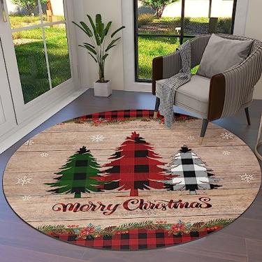 Imagem de Buffalo Check Area Tapete Redondo 91 cm Merry Christmas Trees Collection Area Runner Tapete Antiderrapante Lavável Crianças Sala de Estar Quarto Banheiro Interior Exterior Tapetes Decoração de Quarto
