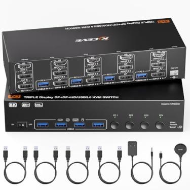 Imagem de KVM Switch 3 monitores 4 computadores 8K @60Hz 4K @144Hz, HDMI + 2 Displayport Triple Monitor KVM Switch com 4 portas USB para teclado mouse, adaptador de energia, controle remoto com fio e 4 cabos