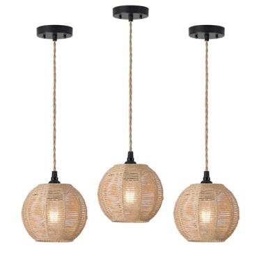 Imagem de ALAISLYC Luminária pendente Boho com cordão de 17,8 cm de vime tecido à mão, pequeno lustre para pendurar para quarto, cozinha, corredor, hall de entrada, 3 pacotes