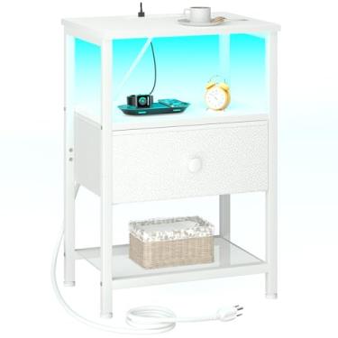 Imagem de LOAKEKEL Mesa de cabeceira, mesa de cabeceira LED com estação de carregamento, mesa de canto pequena com gaveta de tecido para sala de estar, mesa lateral de cama com prateleira de armazenamento para