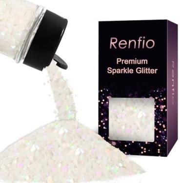 Imagem de Renfio Glitter branco holográfico, 50 g, sereia iridescente, purpurina grossa, lascas hexagonais, lascas de lantejoulas hexagonais para globo de neve, artesanato, resina, decorações de festivais, rosa